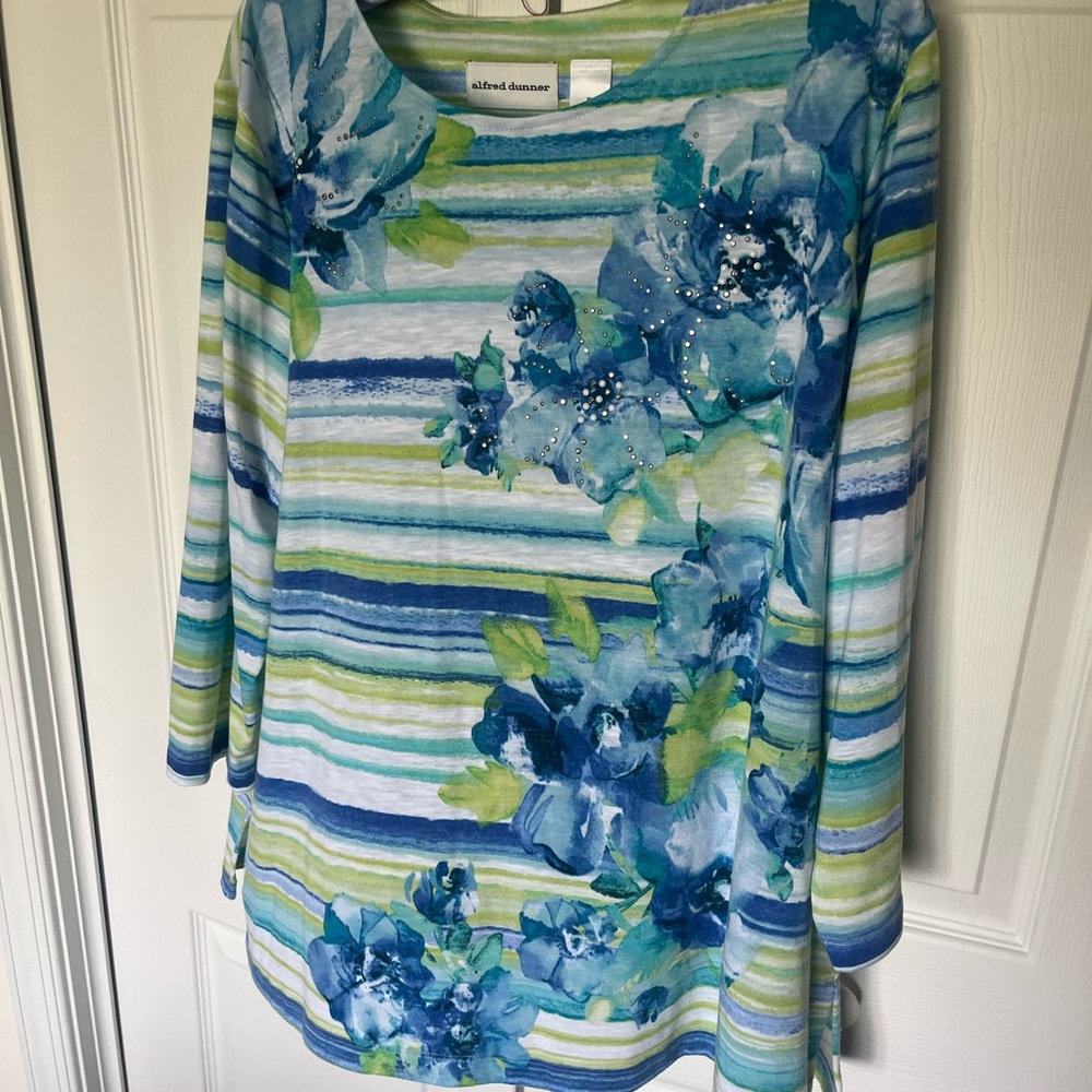 Alfred Dunner Blue Green Floral Striped Blouse